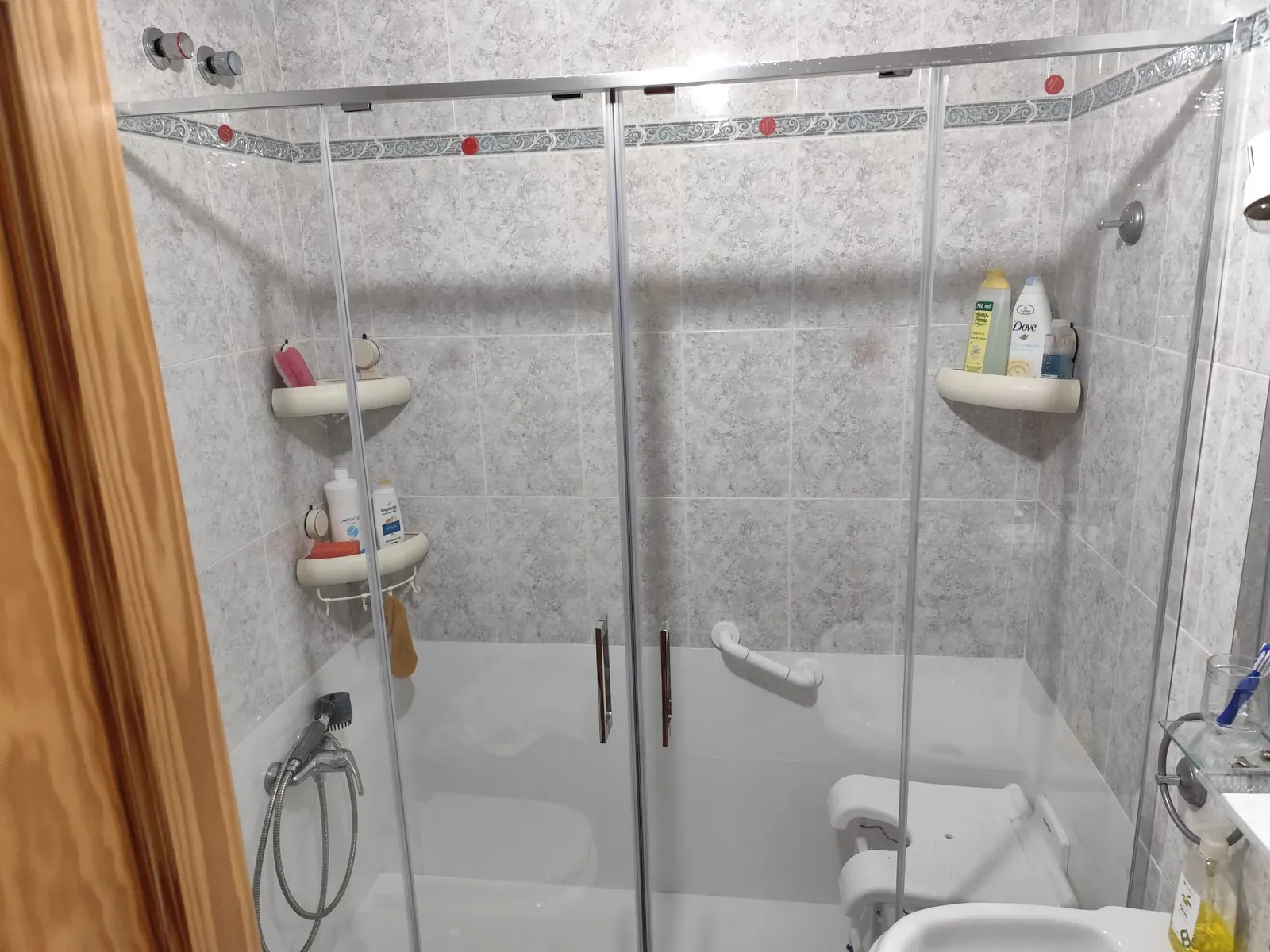 Baño antiguo con bañera y alicatado gris
